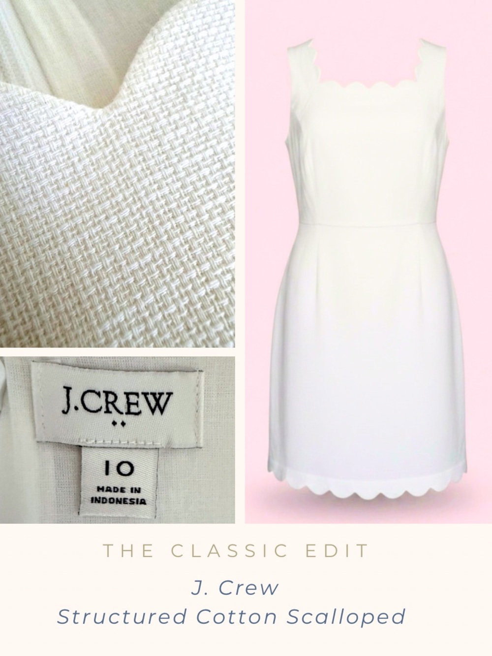 J.Crew White Scalloped Dress Size 10 | Structured Cotton, Lined, Tailored Shift